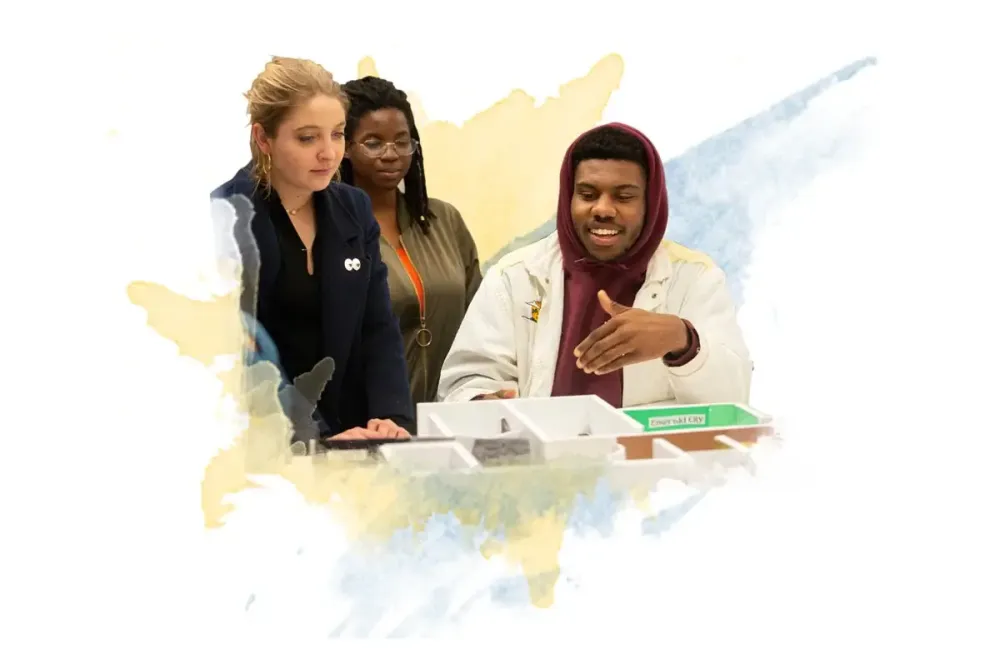 Students discussing strategy for a design project